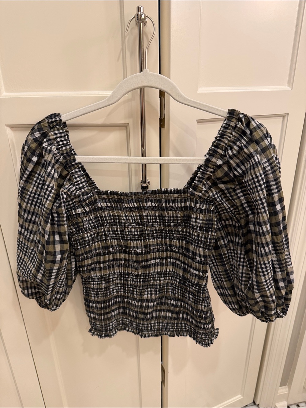 Ganni Black & Olive Plaid Smocked Puff-Sleeve Top